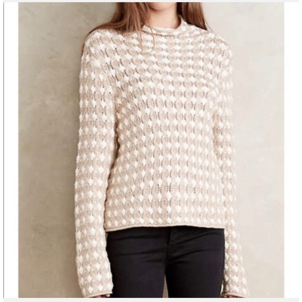 Anthropologie Sleeping on Snow Sweater M Tan Cream Popcorn Knit Mock Neck Cozy